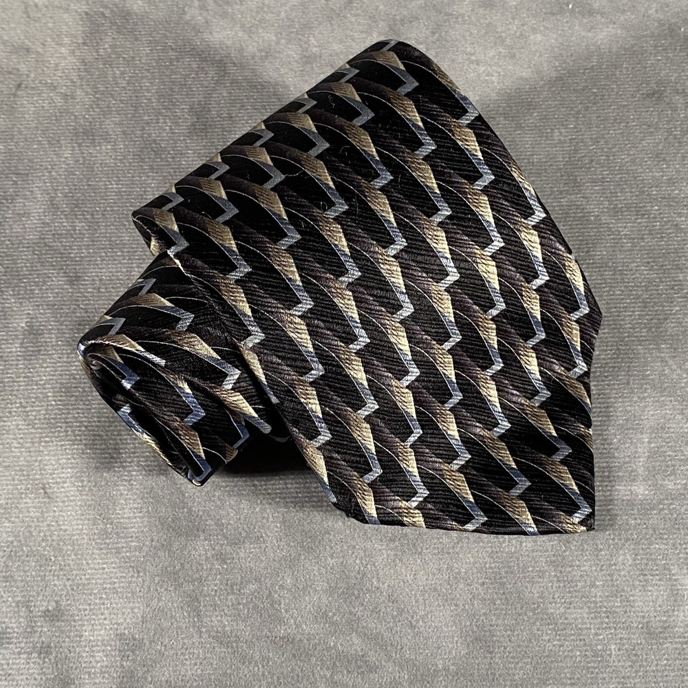 Zylos George Machado Geometric Print Silk Tie Blue Gray Black Formalwear